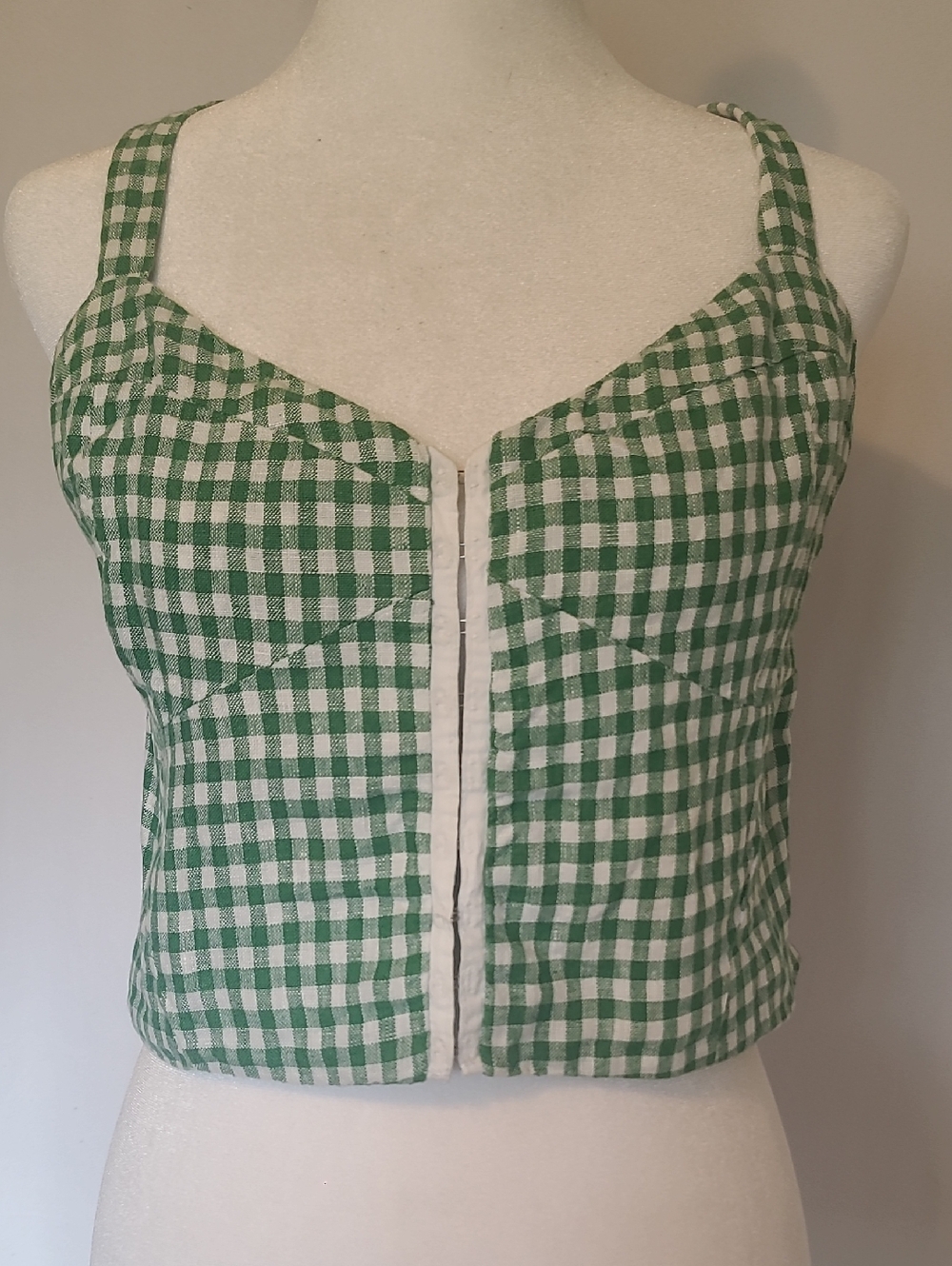 Reformation %100 Linen Green Gingham Cropped Tank Top with Front Trim